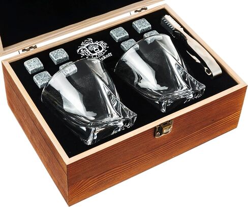 Whiskey Glass Set of 2 - Bourbon Glass & Stones Gift Includes Old Fashioned Crystal Whisky Glasses, Chilling Stones, Slate Coasters - Whiskey Glasses Set in Wooden Box - Birthday Gifts Men Women in Saudi Arabia