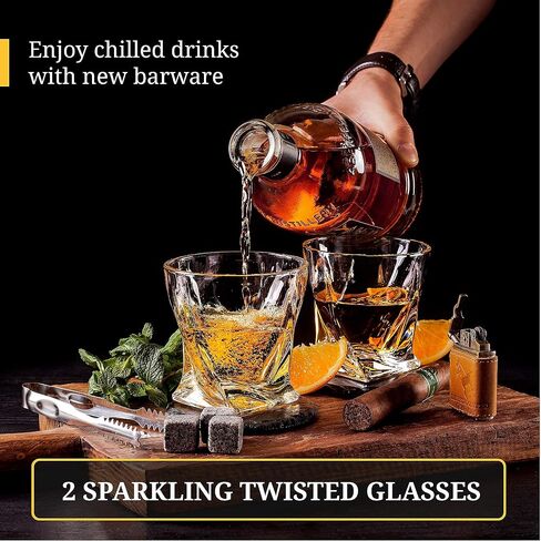 Whiskey Glass Set of 2 - Bourbon Glass & Stones Gift Includes Old Fashioned Crystal Whisky Glasses, Chilling Stones, Slate Coasters - Whiskey Glasses Set in Wooden Box - Birthday Gifts Men Women in Saudi Arabia