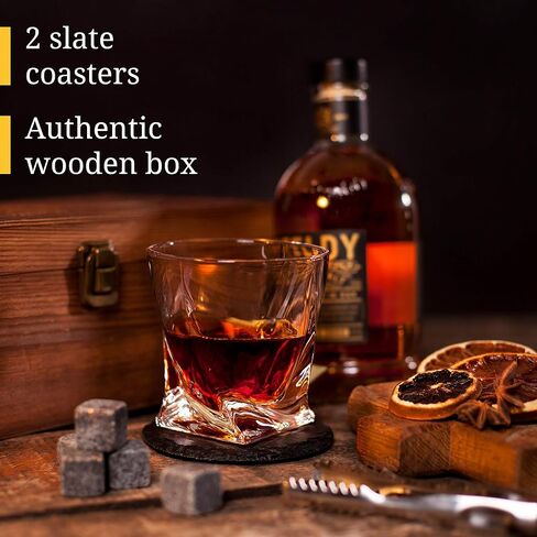 Whiskey Glass Set of 2 - Bourbon Glass & Stones Gift Includes Old Fashioned Crystal Whisky Glasses, Chilling Stones, Slate Coasters - Whiskey Glasses Set in Wooden Box - Birthday Gifts Men Women in Saudi Arabia