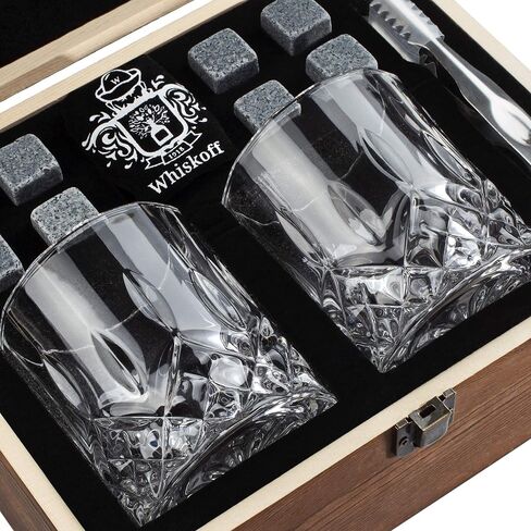 Whiskey Glass Set of 2 - Bourbon Glass & Stones Gift Includes Old Fashioned Crystal Whisky Glasses, Chilling Stones, Slate Coasters - Whiskey Glasses Set in Wooden Box - Birthday Gifts Men Women in Saudi Arabia
