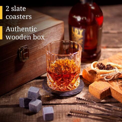 Whiskey Glass Set of 2 - Bourbon Glass & Stones Gift Includes Old Fashioned Crystal Whisky Glasses, Chilling Stones, Slate Coasters - Whiskey Glasses Set in Wooden Box - Birthday Gifts Men Women in Saudi Arabia