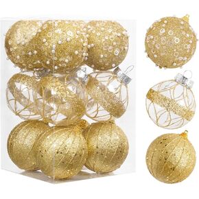 12pc 2.76" Champagne Christmas Ball Ornaments Glitter Christmas Ornaments Sequin Christmas Hanging Balls Pearls Christmas Ornaments for Christmas Tree,Party Wedding,Holiday Decor
