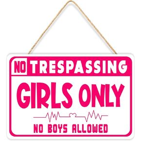 Girls Only Sign, Cute and Funny No Trespassing Girls Only Hanging Wooden Door Sign Wall Decor, Kids Room Signs for Door, No Boys Allowed Sign, Room Decor for Teen Girls (12"x8")