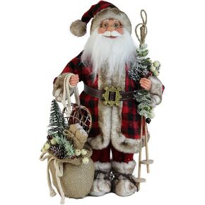 Windy Hill Collection 16" Inch Standing Buffalo Plaid with Burlap Toy Sack Santa Claus Christmas Figurine Figure Decoration 168280