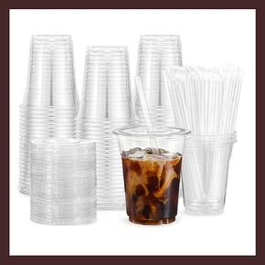 Plastic Clear Cups 16 oz with Lids and Straws 100 Set Disposable Cold Beverage Drinking Iced Coffee Water Juice Tea Party Travel Cafe Restaurant School Office Home Kitchen (100 Set, 16 oz)