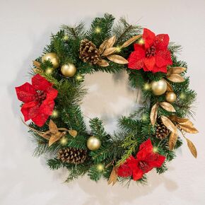 Barton 23.5 Inches Christmas Wreath Door Artificial W/Warm Light/Timer Xmas Hanging Ornaments Pine Decorations Holidays Decor, Red/Gold