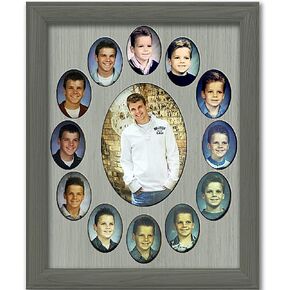 Northland School-Years Picture Frame - Oval Collage - Holds Twelve (12) 2" x 3" School Wallet Photos and 5" x 7" - Kindergarden to Graduation - Black Frame, White Mat