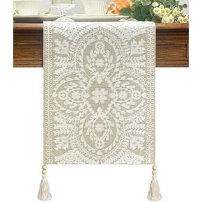 KEVA Boho Table Runner 72inches Long, Farmhouse Linen Table Runner, Rustic Vintage White Embroidered Table Runners 13x72 Inch for Dining Table Decorations