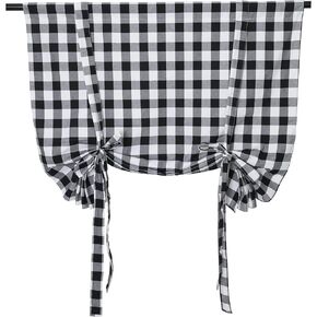 2 Pcs Tie Up Shade Buffalo Check Window Curtain Farmhouse Style Rod Pocket Kitchen Curtains, Black and White, 42 x 63 Inches