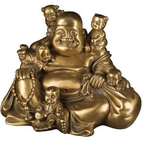 Brass Statu BRABUD Chinese Fengshui Laughing Buddha Sitting with 5 Children Statue Attracting Happiness in Family Decoration Collection ZD066