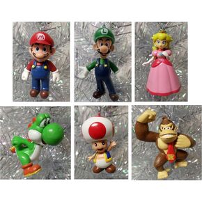 Super Mario Brothers 6 Piece Christmas Holiday Ornament Set Featuring Mario, Luigi, Donkey Kong, Yoshi, Toad and Princess Peach - Shatterproof Ornaments Range From 1.5" to 3" Tall