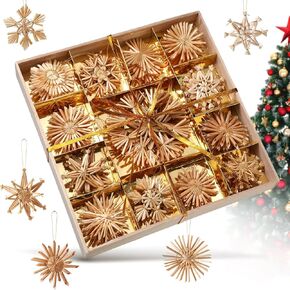 Gerrii 48 Pcs Straw Ornaments Set Scandinavian Christmas Decorations Including Stars Snowflakes Hearts Angel Wreath Goats/Julbuck for Danish Norwegia Nnordic Christmas Tree (Novel Snowflake)