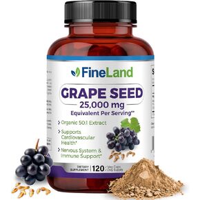 FineLand Grape Seed 50:1 Extract, Premium Max Strength, 25,000 mg, 120 Capsules, 4 Month Supply, Antioxidant Powerhouse, Heart Support, Immune Support, 100% Vegan, All Natural