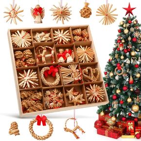 Gerrii 48 Pcs Straw Ornaments Set Scandinavian Christmas Decorations Including Stars Snowflakes Hearts Angel Wreath Goats/Julbuck for Danish Norwegia Nnordic Christmas Tree (Novel Snowflake)