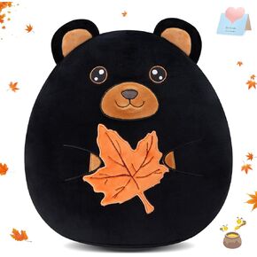 WEWILL 12-Inch Black Bear Plush Pillow - Cute Bear Holding Maple Leaf | Bear Plush Toy for Kids and Adults | Autumn Theme Decor | Black Bear Stuffed Animal Gift