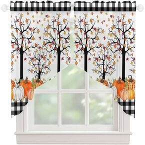 Chiffon Swag Curtain Valances Thanksgiving Fall Rod Pocket Kitchen Curtain Scalloped Window Valances for Window Autumn Pumpkin Leaf Buffalo Check Black White Swag Curtain for Living Room 28"x36"x2