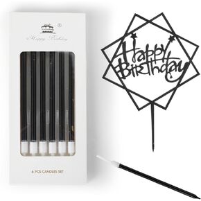 30 PCS Black Gold Long Thin Birthday Candles and Acrylic Birthday Cake Topper, Metallic Birthday Candles Cake Candles, Black Party Cake Candles for Birthday Party, Wedding, Graduation, Anniversary