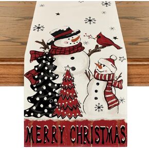 Artoid Mode Xmas Tree Snowman Bird Merry Christmas Table Runner, Seasonal Winter Kitchen Dining Table Decoration for Home Party Decor 13x60 Inch