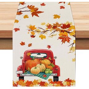 Fall Red Truck with Pumpkin Table Runner 13x72 Inch Maple Leaves Seasonal Autumn Harvest Thanksgiving Kitchen Dinning Table Decoration for Home Party Decor