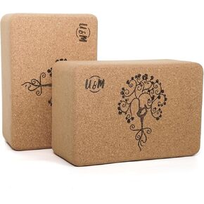 U&M Cork Yoga Blocks 2 Pack Set,Natural Cork High Density 9"x6"x4" Yoga Blocks Odor-Resistant Non-Slip for Yoga, General Fitness, Pilates, Stretching and Toning