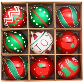 XmasExp Vintage Christmas Ornaments Set, 9ct Shatterproof Ball Ornaments in Red Green White for Christmas Tree Decorations. 3.15 Inch Classic Retro Hanging Ornament for Xmas Party Decor.