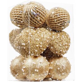 16PCS Gold Heart Ornaments&Christmas Ball Ornaments, Christmas Ball Decorations Shatterproof Plastic Hanging Pearl Balls for Holiday Party