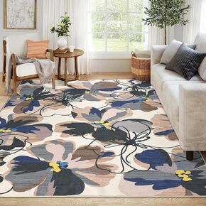 Living Room Rugs 9x12, Modern Bright Floral Low Pile Non-Slip Area Rugs Washable Indoor Floor Throw Carpet for Bedroom Office Dining Room, Brown Multi
