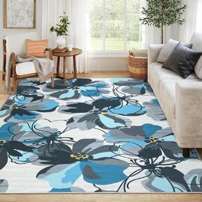 Living Room Rugs 9x12, Modern Bright Floral Low Pile Non-Slip Area Rugs Washable Indoor Floor Throw Carpet for Bedroom Office Dining Room, Brown Multi