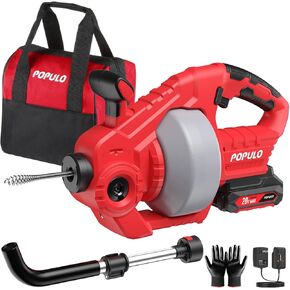 POPULO 20V Cordless Electric Snake Drain,25Ft Drain Auger with 2.0Ah Battery,Replacement Cable,Extension Tube and Charger,Snake Drain Clog Remover for Toilet,Floor Drain,Sink and Shower 3/4"-2" Pipe