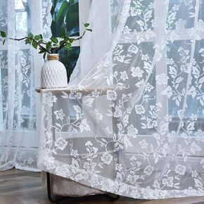 Kotile White Lace Curtains 84 Inches Long for Living Room, 2 Panels Country Rustic Leaf Floral Design Slight Shimmer White Sheer Curtains, Rod Pocket Privacy Vintage Sheer Lace Curtains, 52 x 84 Inch