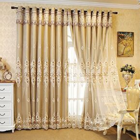Amidoudou 1 Pair European Double Layer Curtains for Living Room Bedroom Luxury European Embroidered Curtains (Beige,63x84 Inch)