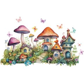2 Sheets Purple Cartoon Mushroom House Wall Stickers Removable DIY Green Plants and Flower Wall Stickers Viny Purple Butterfly Wall Decal for Girls Home Nursery Bedroom Bathroom Decoration