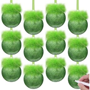 24 Pcs Christmas Flat Ball Ornaments DIY Lime Green Christmas Ornaments with Fuzzy Green Hair Glitter Plastic Xmas Ornaments with 2 Pcs Dry Erase Markers for Xmas Tree Home Decor Craft