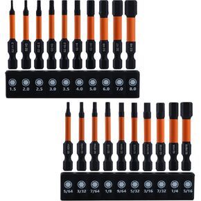 Impact Hex Head Allen Wrench Drill Bit Set 20 Pcs (Metric and SAE) 1/4" Hex-Shank S2 Steel Hex Bits Set, Magnetic Allen Key Drill Bit Set, 2" Long Hex Screwdriver Bit Set with Bit Holder