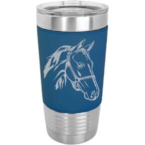 LaserGram 20oz Horse Head Tumbler, Black Faux Leather Wrap, Double Wall Vacuum Insulated Stainless Steel with Sipping Lid