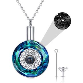Celtic Knot Urn Necklace Word Projection Necklace Sterling Silver Blue Crystal Circle Urn Pendant 100 Languages Commemorate Necklace Jewelry Gifts for Women Men Mother's Day