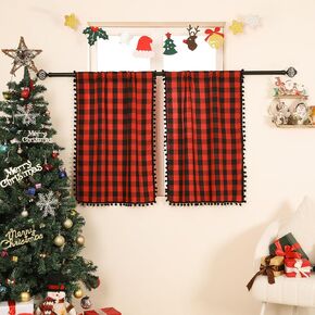 Buffalo Plaid Window Curtains for Living Room Pom Pom Rustic Farmhouse Black White Check Holiday Decor Rod Pocket Semi-Blackout Window Treatment Curtain Drape, 2 Panels, 52 x 96 Inch