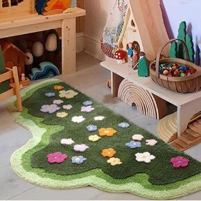 podafu Moss Carpet for Bedroom 3D Irregular Green Aesthetic Bed Rug Living Room Cute Floral Sofa Rug Microfiber Fleece Carpet Home Decor (30x59 Inches) Large
