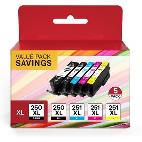 PGI-250XL CLI-251XL 5 Color Value Pack Replacement for Canon 250 and 251 Compatible with PIXMA MX922 MX920 MG5520 MG7520 MG6320 IP7220 IX6820 IP8720 (Total 5 Pack, Multicolor)