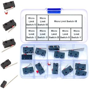 JTSNERU Micro Limit Switch Assorted Kit, 2Pin 3Pin 1NO 1NC AC 5A 125V 250V Momentary Push Button Mini Micro Limit Switch with Hinge/Roller Lever Arm (JTS-Limit-Micro)