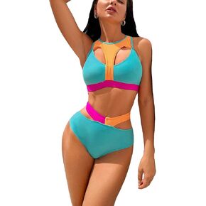 OYOANGLE Women's 2 Piece Swimsuits Colorblock Cut Out Wireless High Neck Top and High Waist Panty Bikini Sets