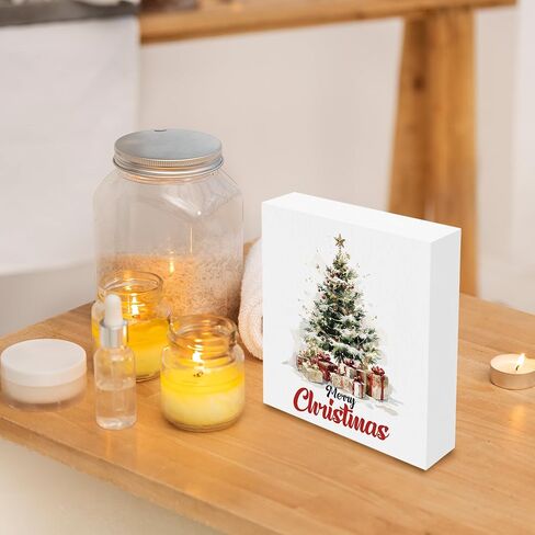 Pink Christmas Desk Decor Decorations - Winter Holiday Wooden Box Sign, Aesthetic Christmas Xmas Wood Block Plaque Box Sign for Girls Room Home Office Table Decoration, 5x5 Inches in Saudi Arabia
