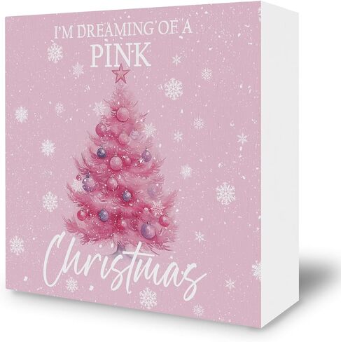 Pink Christmas Desk Decor Decorations - Winter Holiday Wooden Box Sign, Aesthetic Christmas Xmas Wood Block Plaque Box Sign for Girls Room Home Office Table Decoration, 5x5 Inches in Saudi Arabia