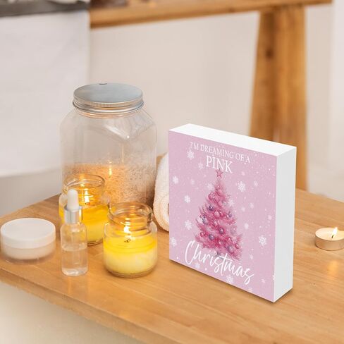 Pink Christmas Desk Decor Decorations - Winter Holiday Wooden Box Sign, Aesthetic Christmas Xmas Wood Block Plaque Box Sign for Girls Room Home Office Table Decoration, 5x5 Inches in Saudi Arabia