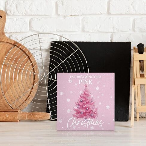 Pink Christmas Desk Decor Decorations - Winter Holiday Wooden Box Sign, Aesthetic Christmas Xmas Wood Block Plaque Box Sign for Girls Room Home Office Table Decoration, 5x5 Inches in Saudi Arabia