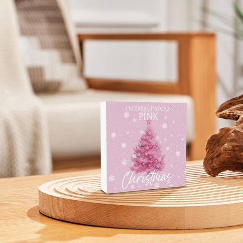 Pink Christmas Desk Decor Decorations - Winter Holiday Wooden Box Sign, Aesthetic Christmas Xmas Wood Block Plaque Box Sign for Girls Room Home Office Table Decoration, 5x5 Inches in Saudi Arabia