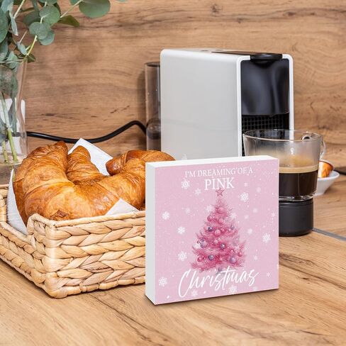 Pink Christmas Desk Decor Decorations - Winter Holiday Wooden Box Sign, Aesthetic Christmas Xmas Wood Block Plaque Box Sign for Girls Room Home Office Table Decoration, 5x5 Inches in Saudi Arabia