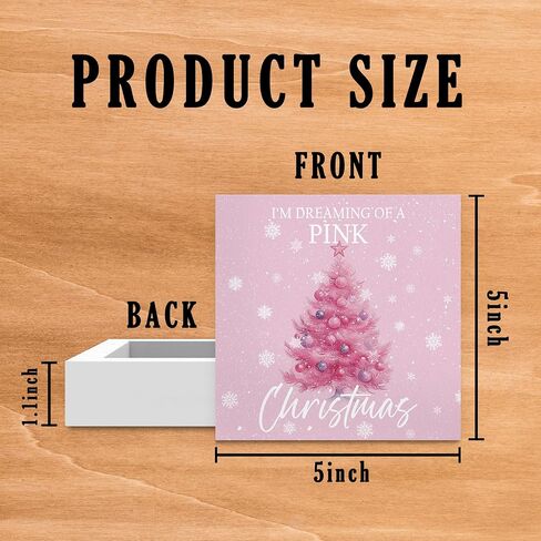 Pink Christmas Desk Decor Decorations - Winter Holiday Wooden Box Sign, Aesthetic Christmas Xmas Wood Block Plaque Box Sign for Girls Room Home Office Table Decoration, 5x5 Inches in Saudi Arabia