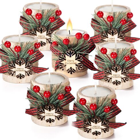 Uiifan 24 Sets Christmas Wood Tealight Candle Holder and Tea Lights Candles Set Decorative for Table Centerpiece Xmas Tealight Candles Bulk Candleholders Decor Gift (Wood Color) in Saudi Arabia