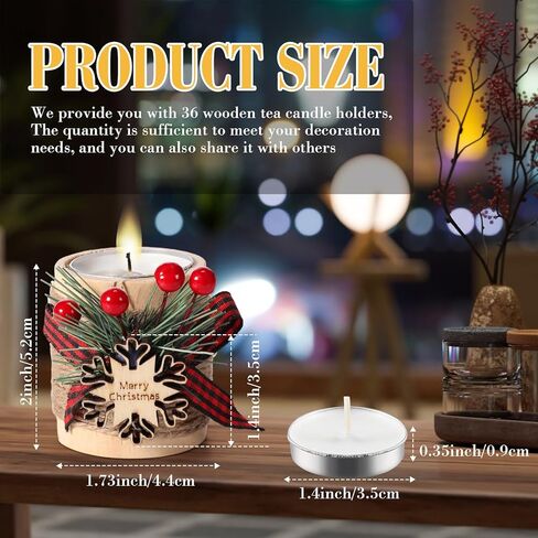 Uiifan 24 Sets Christmas Wood Tealight Candle Holder and Tea Lights Candles Set Decorative for Table Centerpiece Xmas Tealight Candles Bulk Candleholders Decor Gift (Wood Color) in Saudi Arabia